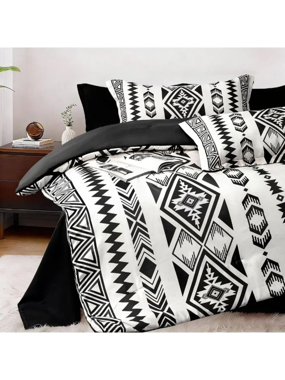 Boho Aztec King Comforter Set - 3 Piece Black White Bedding, Soft Lightweight